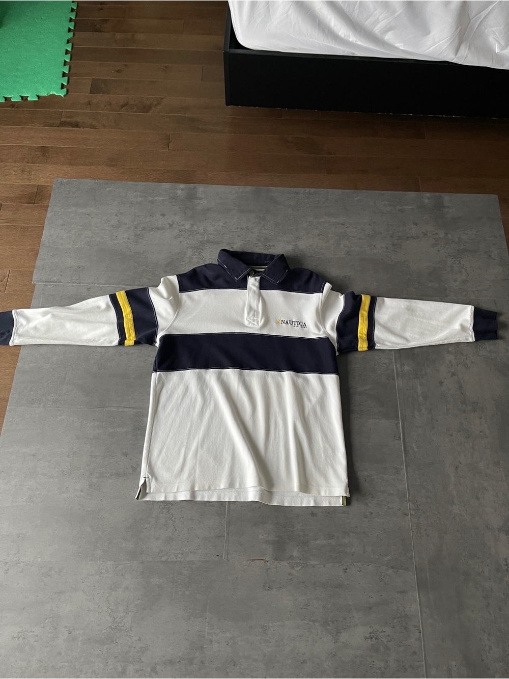Nautica Men Long-Sleeve Rugby Polo in White, Navy & Yellow, Size L